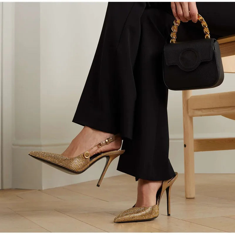 Elegant Rhinestone Pointed Toe Slingback Heels